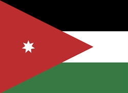 [ai] Flag of Jordan featuring a red triangle with a white star, black, white, and green horizontal stripes.